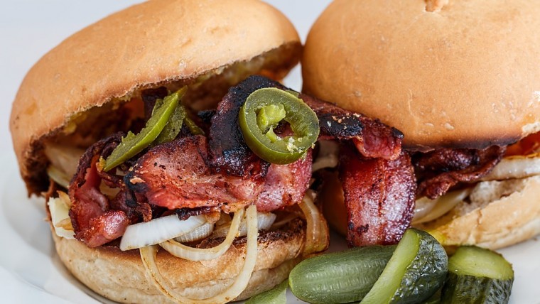 Two Bacon Burgers with Jalapeños and Pickles
